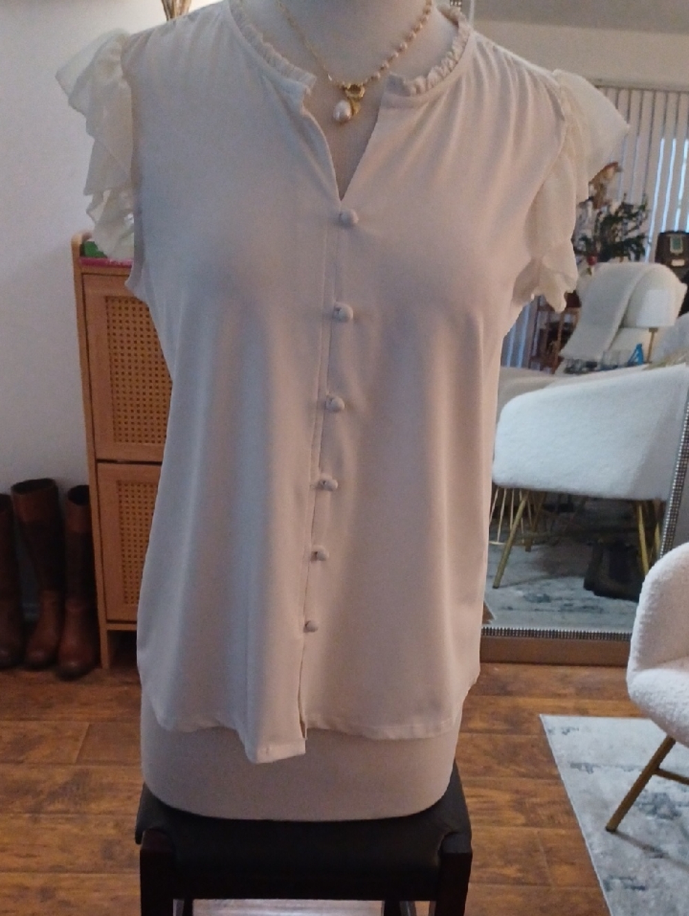 Elegant Cream Button-Front Ruffle Sleeve Top